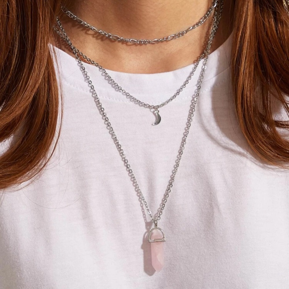 Pink Crystal Necklace With Moon Pendent
